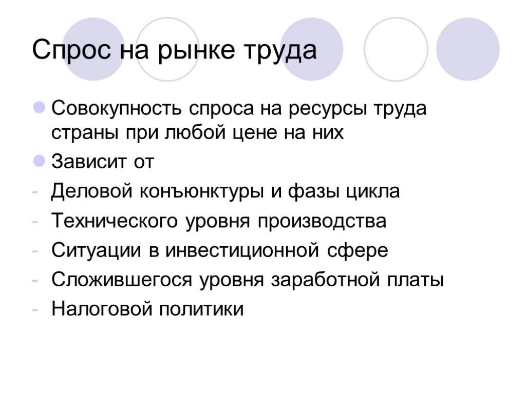 Спрос на рынке труда Совокупность спроса на ресурсы труда страны при любой цене на